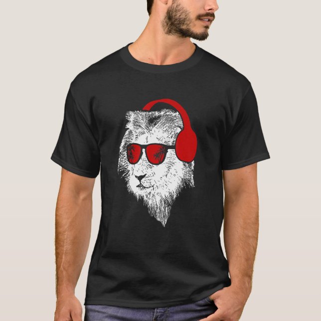 Lion sunglasses headphones party music lion fans l T-Shirt (Front)