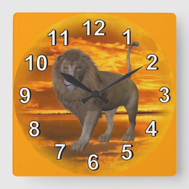 Lion Sunset Square Wall Clock (Front)