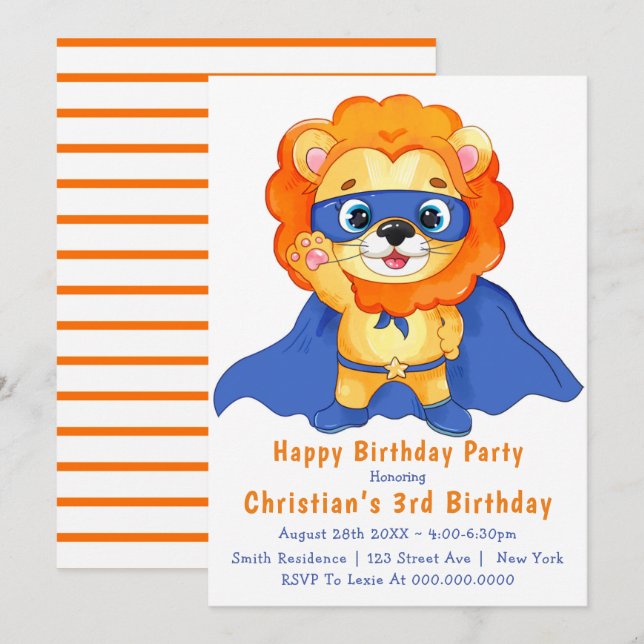 Lion Superhero 3rd Birthday Invitations  (Front/Back)
