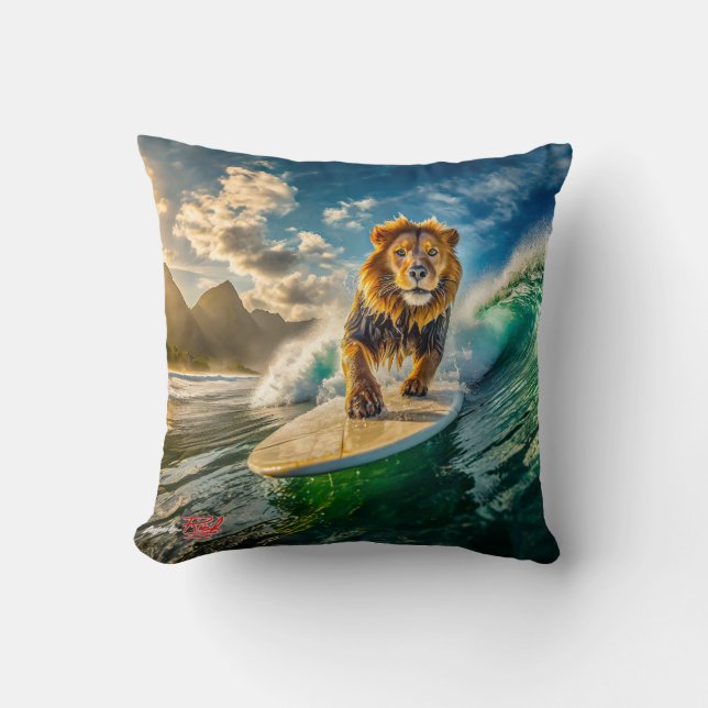 Lion Surfing Design by Rich AMeN Gill Cushion (Front)