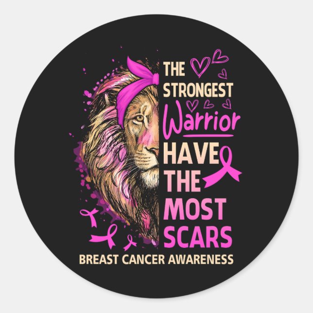 Lion The Strongest Warriors Breast Cancer Awarenes Classic Round Sticker (Front)