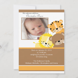 Lion, tiger & bear Baby Photo Announcement Card