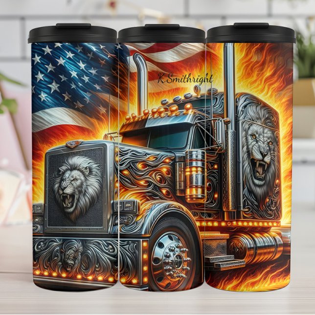 Lion Truck American Flag Fire Thermal Tumbler (Creator Uploaded)