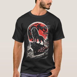Lion Under Red Moon, Neo-Japanese Tattoo Style T-Shirt