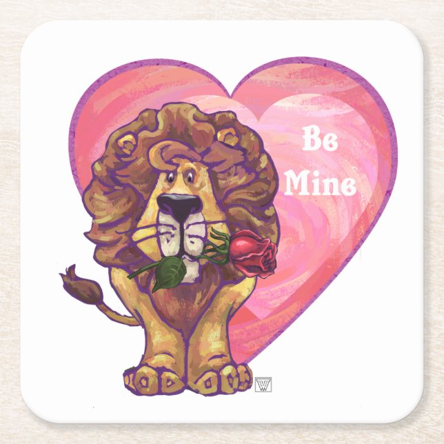 Lion Valentine's Day Square Paper Coaster (Front)