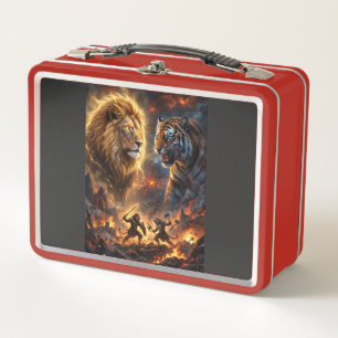 Lion vs Tiger Epic Fantasy Battle Wall Hanging Tap Metal Lunch Box
