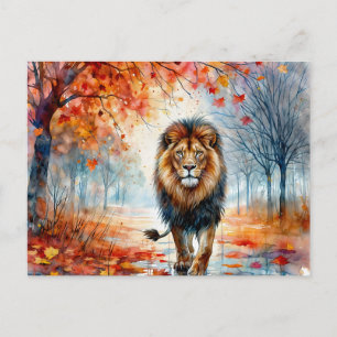 Lion Walking In Autumn Watercolor Postcard