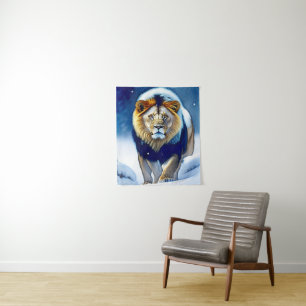 Lion Walking in Winter Snow Tapestry