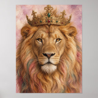 Lion Wall Art — Regal King Portrait with Gold Crow