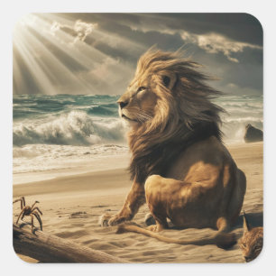 Lion watching waves on beach square sticker