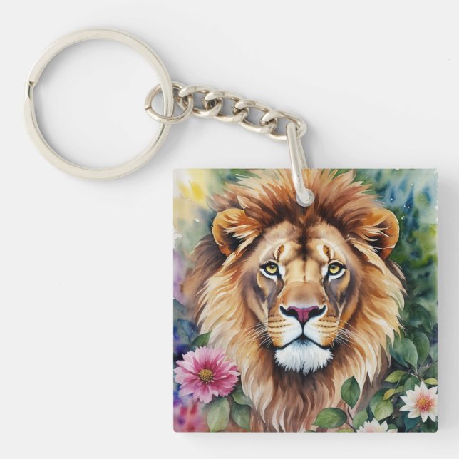 Lion Watercolor Floral Art Key Ring (Front)