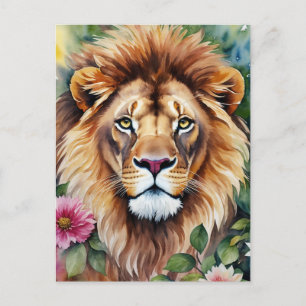 Lion Watercolor Floral Art Postcard