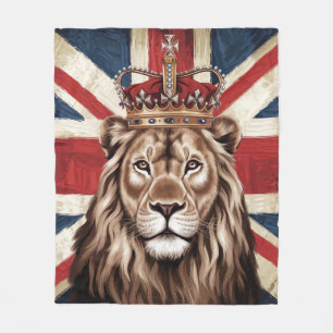 Lion Wearing a Crown British Flag Fleece Blanket