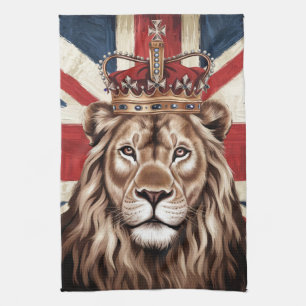 Lion Wearing a Crown British Flag Tea Towel
