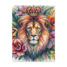  Lion Wearing Crown Floral Watercolor Portrait