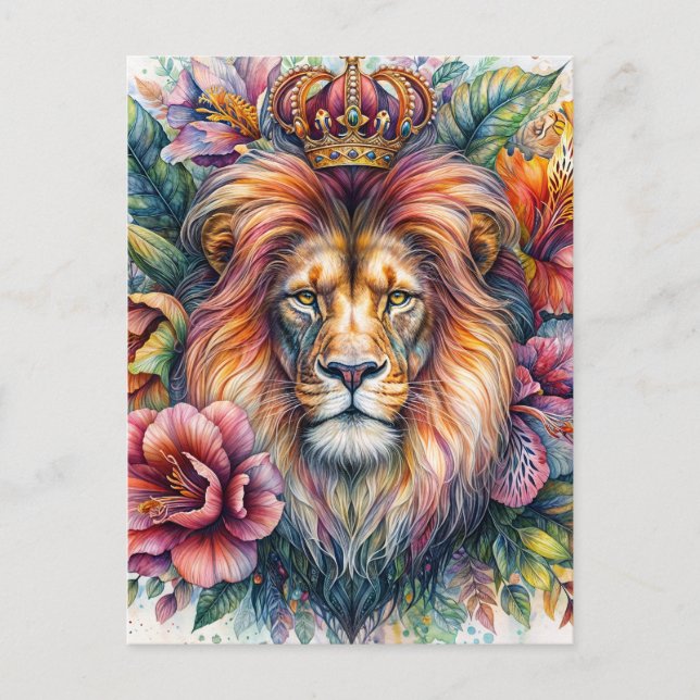  Lion Wearing Crown Floral Watercolor Portrait Postcard (Front)