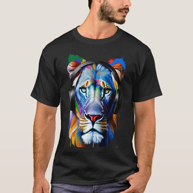 Lion Wearing Headphones T-Shirt (Front)