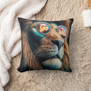 Lion Wearing Neon Sunglasses With Text Cushion