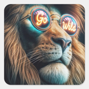 Lion Wearing Neon Sunglasses With Text Square Sticker