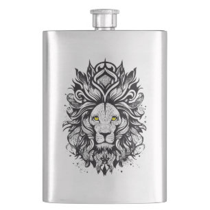 Lion Wild Animal Nature Illustration Art Tattoo Hip Flask