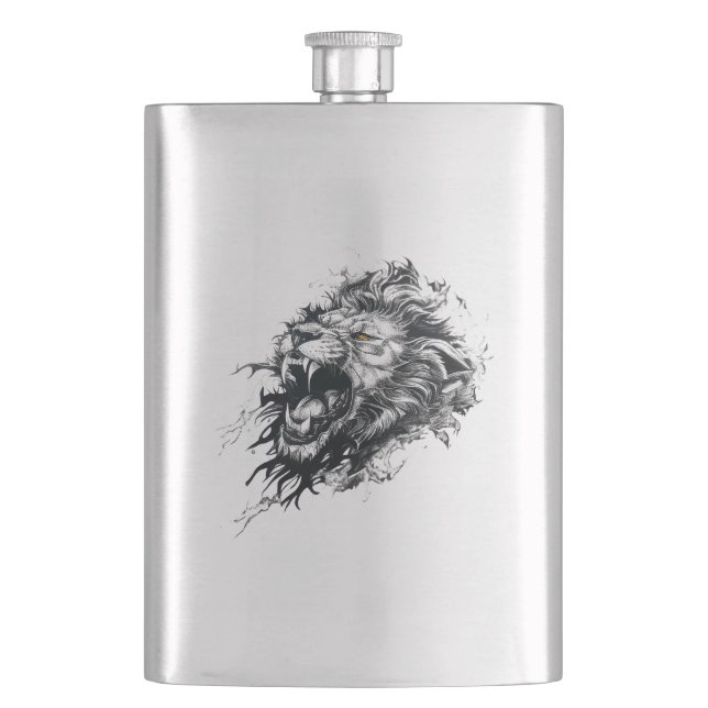 Lion Wild Animal Nature Illustration Art Tattoo Hip Flask (Front)