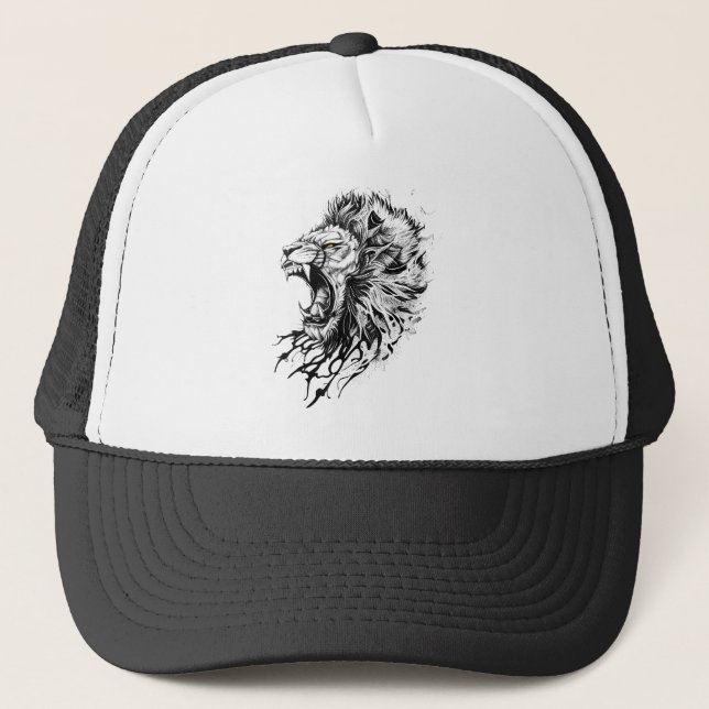 Lion Wild Animal Nature Illustration Art Tattoo Trucker Hat (Front)