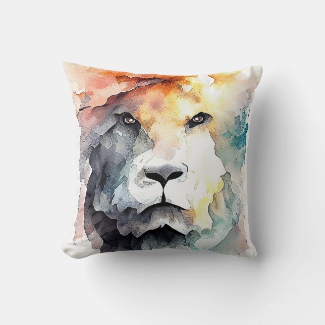Lion Wild Animal Nature Watercolor Art Painting Cushion (Front)