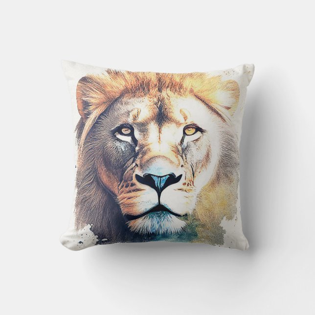 Lion Wild Animal Nature Watercolor Art Painting Cushion (Front)