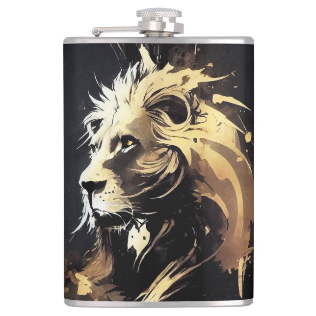 Lion Wild Nature Free Spirit Art Brush Painting Hip Flask (Front)
