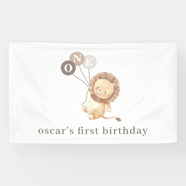 Lion with 3 Brown Balloons 1st Birthday Banner (Horizontal)