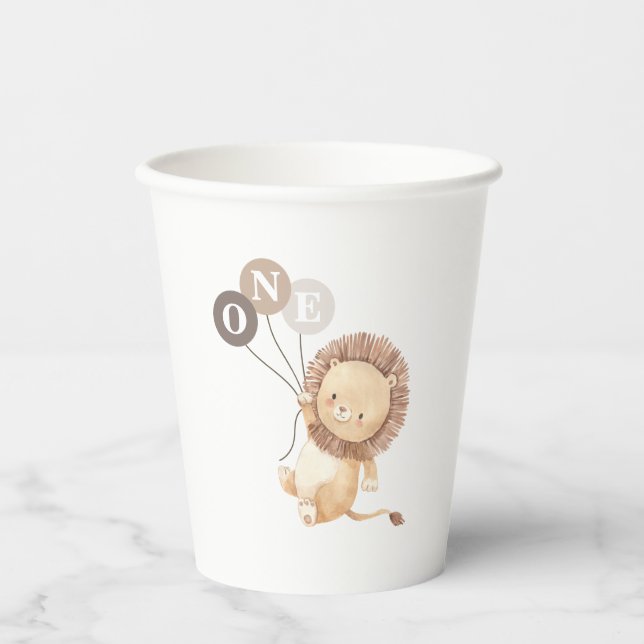 Lion with 3 Brown Balloons 1st Birthday Paper Cups (Front)