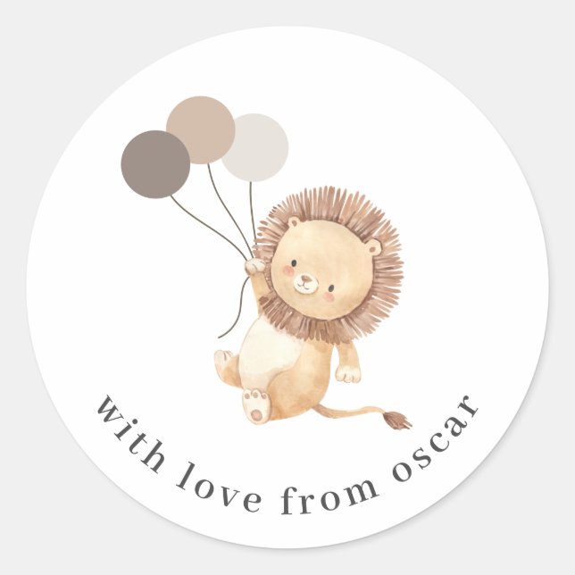 Lion with 3 Brown Balloons Classic Round Sticker (Front)