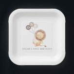 Lion with 3 Brown Balloons Paper Plate<br><div class="desc">A sweet watercolour lion holding 3 brown balloons,  ideal for your jungle or safari themed party! The balloons are neutral toned but you can also change the colour of each one if you prefer. You can also change the 'ONE' letters or delete them.</div>