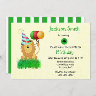 Lion with Birthday Balloons Party Invitation