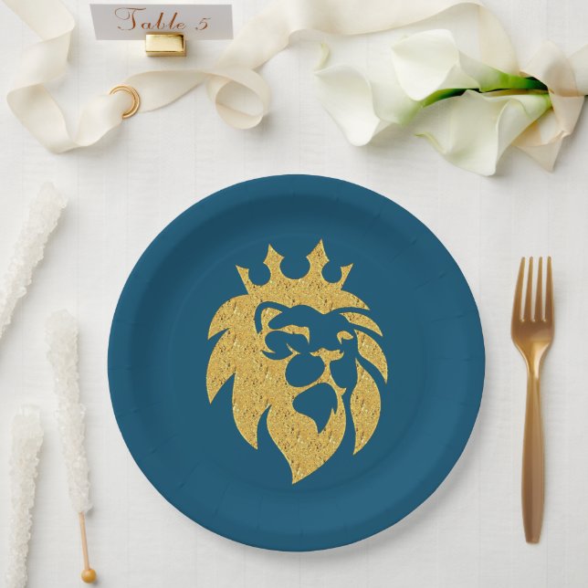 Lion With Crown - Gold Style 1 Paper Plate (Wedding)