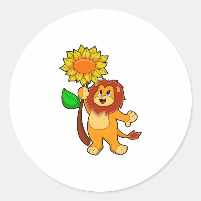 Lion with Flower Sunflower Classic Round Sticker (Front)