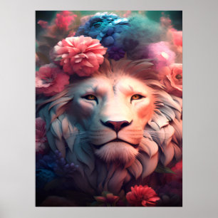 Lion With Flowers Around Their Head On A Wall Poster
