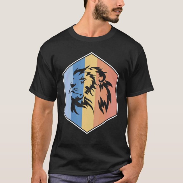 Lion With Retro Colours In A Hexagon T-Shirt (Front)