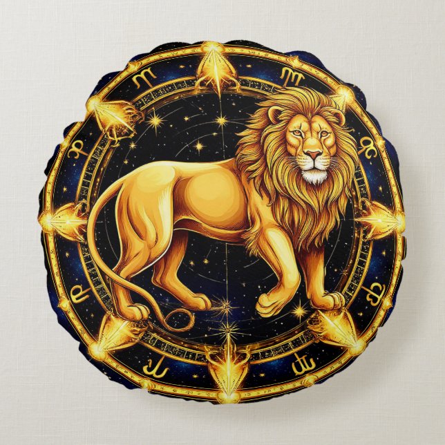 Lion Zodiac Symbol Over Celestial Starry Backgroun Round Cushion (Front)