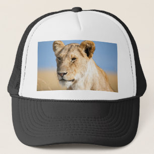 Lioness against blue sky trucker hat