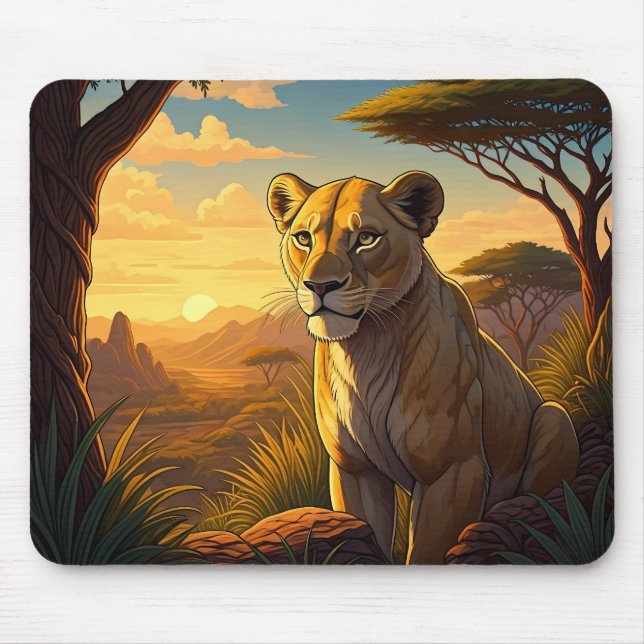 Lioness among a wilderness setting mouse mat (Front)