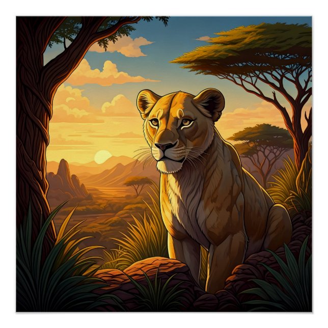 Lioness among a wilderness setting poster (Front)