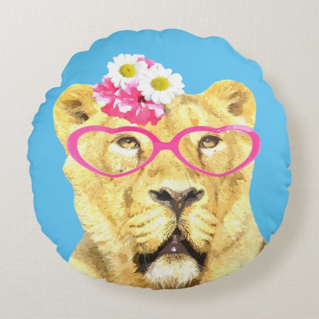 Lioness cute funny jungle animal nursery kids room round cushion (Front)