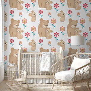 Lioness mother with baby flowers pattern nursery wallpaper