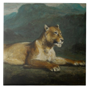 Lioness reclining, c.1855 (oil on panel) tile