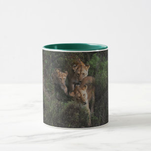 Lionesses And A Lion Cub Coming Through The Shrubs Mug