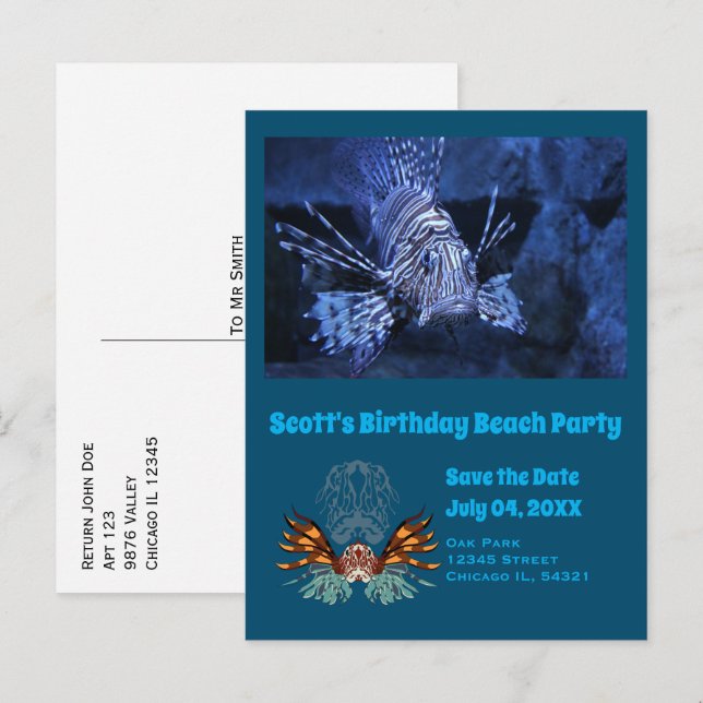 Lionfish Cartoon Birthday Beach Party Photo Invitation Postcard (Front/Back)