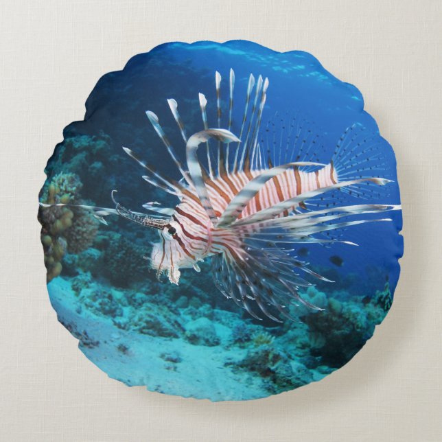 Lionfish or Pterois Miles, Ocean Reef Fish Round Cushion (Front)
