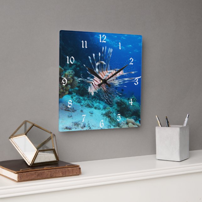 Lionfish or Pterois Miles, Ocean Reef Fish Square Wall Clock (Office)