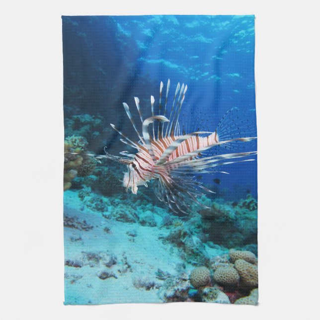 Lionfish or Pterois Miles, Ocean Reef Fish Tea Towel (Vertical)